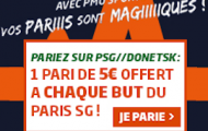Pariez sur PSG - Donetsk du 8 décembre avec PMU et recevez un pari gratuit de 5€ à chaque but parisien